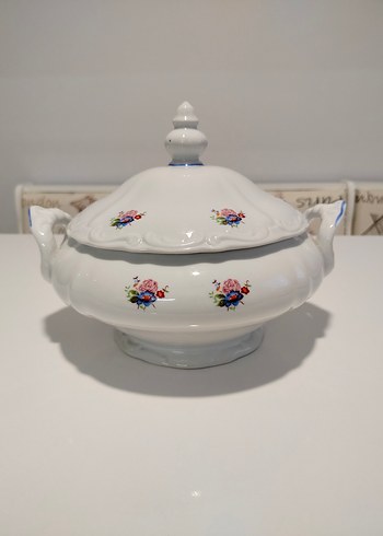 Beyaz Çiçek Desenli Vintage Porselen Çorba Sunum Tenceresi - Görsel 5