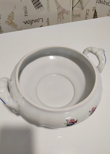 Beyaz Çiçek Desenli Vintage Porselen Çorba Sunum Tenceresi - Görsel 9