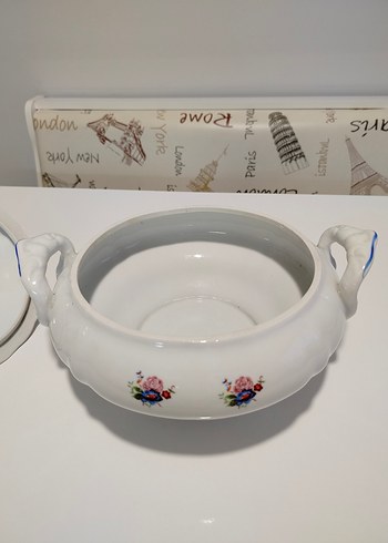 Beyaz Çiçek Desenli Vintage Porselen Çorba Sunum Tenceresi - Görsel 8