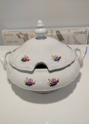 Beyaz Çiçek Desenli Vintage Porselen Çorba Sunum Tenceresi - Görsel 6