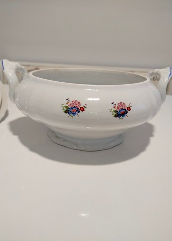 Beyaz Çiçek Desenli Vintage Porselen Çorba Sunum Tenceresi - Görsel 10