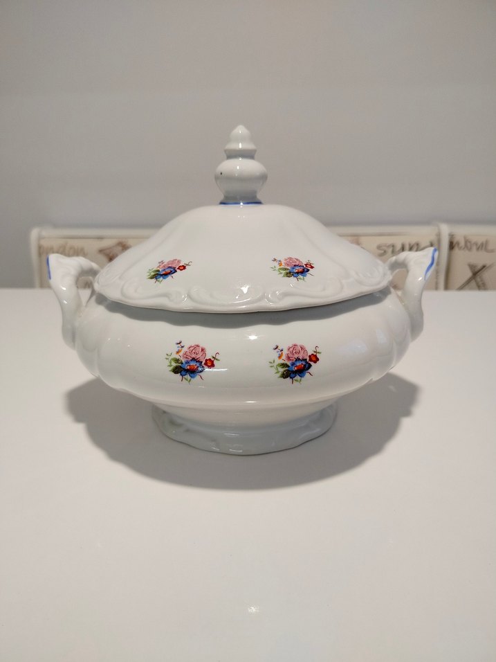 Beyaz Çiçek Desenli Vintage Porselen Çorba Sunum Tenceresi - Görsel 5