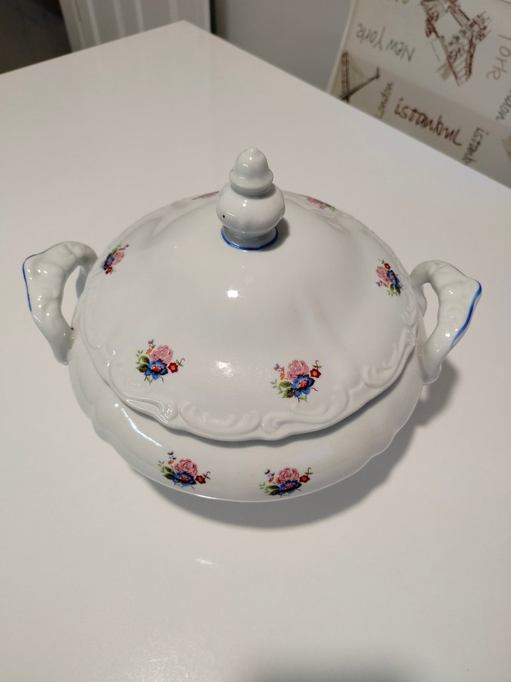 Beyaz Çiçek Desenli Vintage Porselen Çorba Sunum Tenceresi - Görsel 2