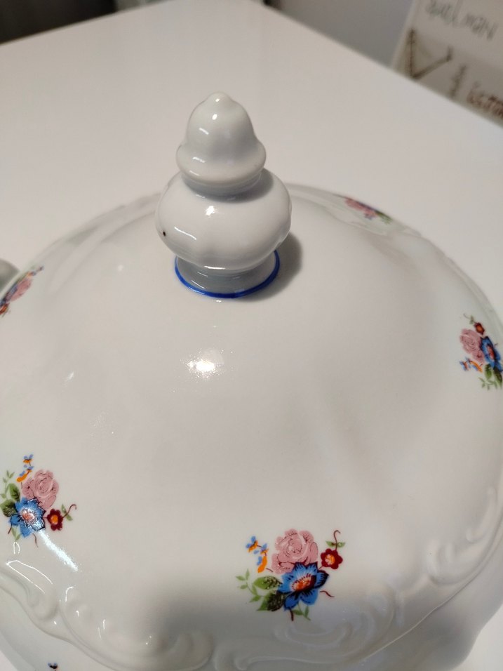 Beyaz Çiçek Desenli Vintage Porselen Çorba Sunum Tenceresi - Görsel 3