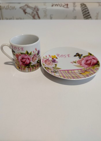 Pembe Gül Desenli Vintage 2'li Fincan ve Tabak Seti - Görsel 7