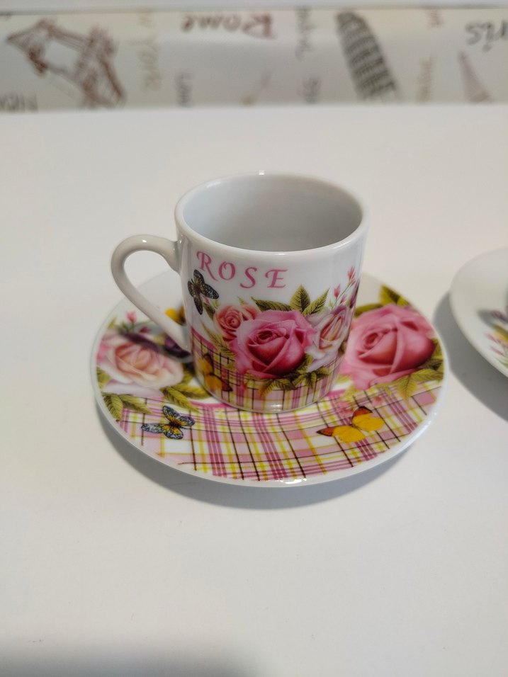 Pembe Gül Desenli Vintage 2'li Fincan ve Tabak Seti - Görsel 2