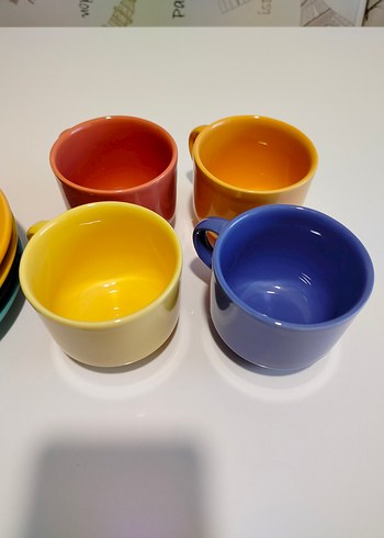 Renkli Vintage Seramik Büyük Boy Fincan ve Tabak Seti 4'lü - Görsel 6