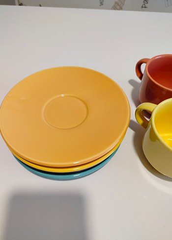 Renkli Vintage Seramik Büyük Boy Fincan ve Tabak Seti 4'lü - Görsel 7