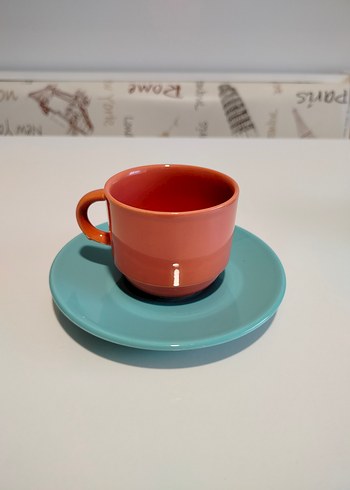 Renkli Vintage Seramik Büyük Boy Fincan ve Tabak Seti 4'lü - Görsel 5