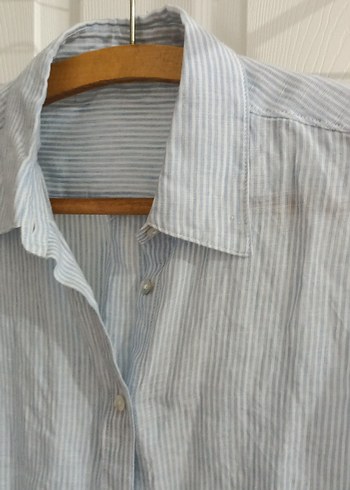 Massimo Dutti Beyaz Mavi Keten Uzun Kollu Kadın Gömlek