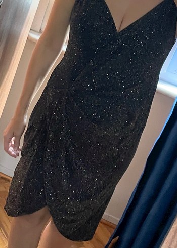 Mango suit Siyah Drapeli V Yaka Midi Abiye Elbise - Görsel 2