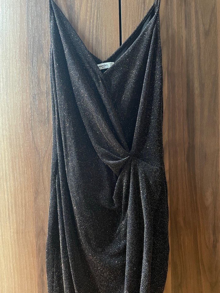 Mango suit Siyah Drapeli V Yaka Midi Abiye Elbise - Görsel 3