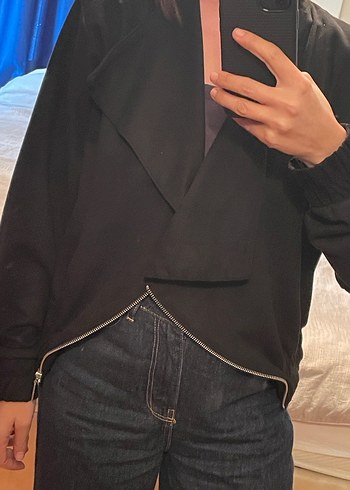 Siyah süet ceket dökümlü yaka çapraz fermuarlı - Görsel 2