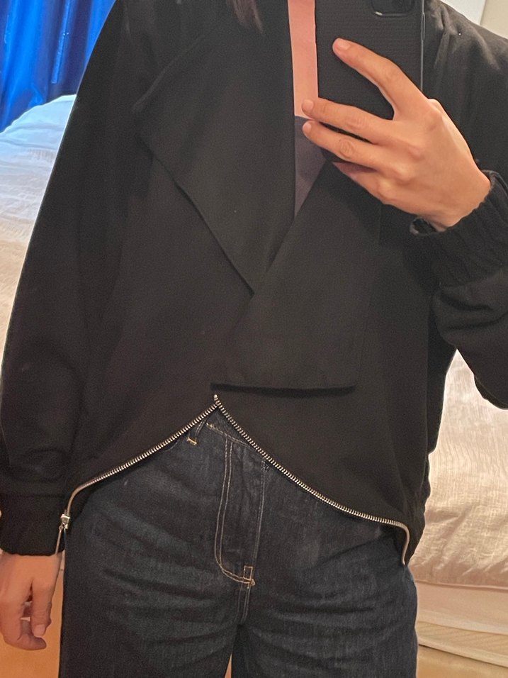 Siyah süet ceket dökümlü yaka çapraz fermuarlı - Görsel 2