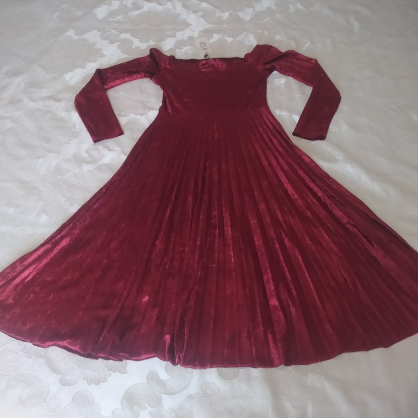 Bordo Pilili Uzun Kollu can elbise - Görsel 4