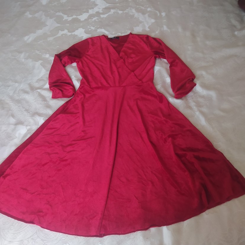 Bordo Uzun Kollu V Yaka Drapeli Elbise - Görsel 3