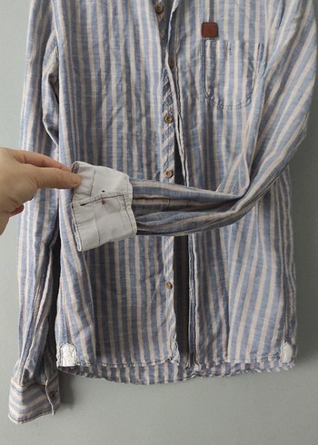 Uzun Kollu Çizgili Keten Erkek Gömlek - Görsel 4