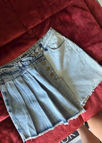 Diğer Düğmeli Mavi Denim Midi Etek