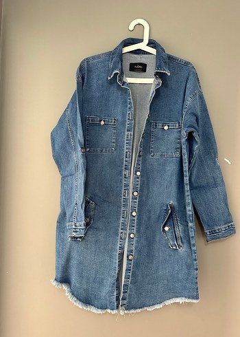 Düğmeli Mavi Denim Midi Ceket