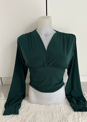 Zümrüt Yeşili Drapeli V Yaka Uzun Kollu Mini Bluz