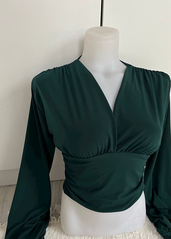 m Beden Zümrüt Yeşili Drapeli V Yaka Uzun Kollu Mini Bluz