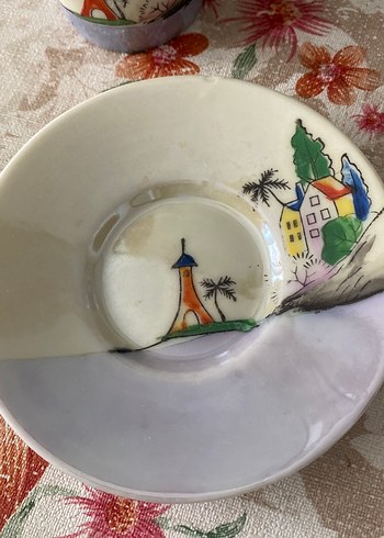 American Vintage Pastel Renkli Desenli Porselen Fincan ve Tabak