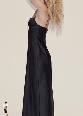 Siyah Uzun İpek Görünümlü V Yaka Elbise - Görsel 6