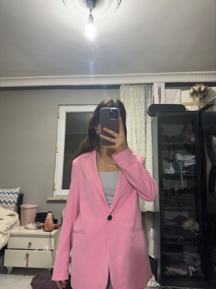 Pembe Midi Kadın Blazer Ceket - Görsel 5