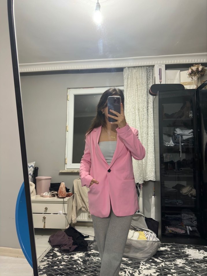 Pembe Midi Kadın Blazer Ceket - Görsel 3
