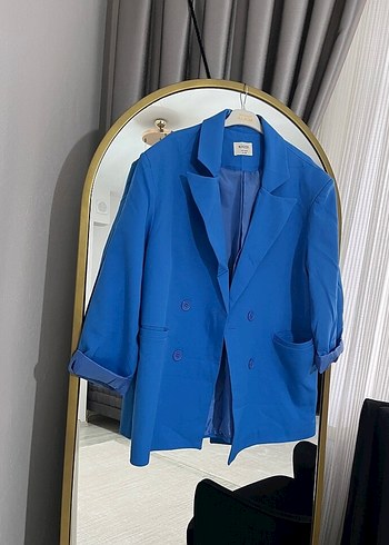Zara Mavi Düğmeli Midi Kadın Ceket