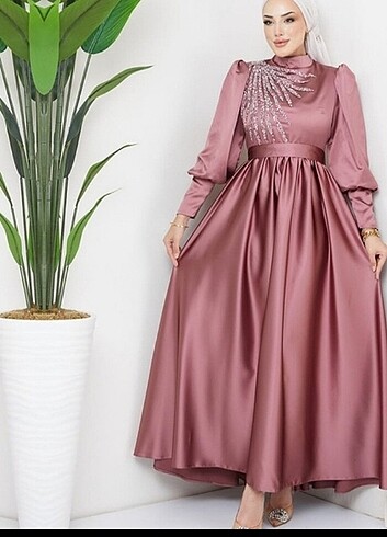 Tesettur abiye saten elbise düğün sal pembe