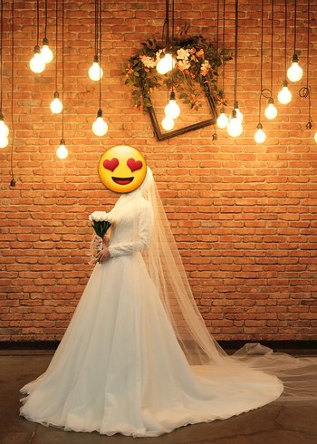 Uzun Kollu Yüksek Yakalı Beyaz  A kesim Gelinlik - Görsel 2