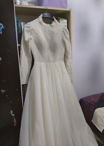 Uzun Kollu Yüksek Yakalı Beyaz  A kesim Gelinlik - Görsel 5