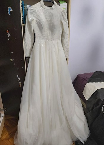 Uzun Kollu Yüksek Yakalı Beyaz  A kesim Gelinlik - Görsel 4