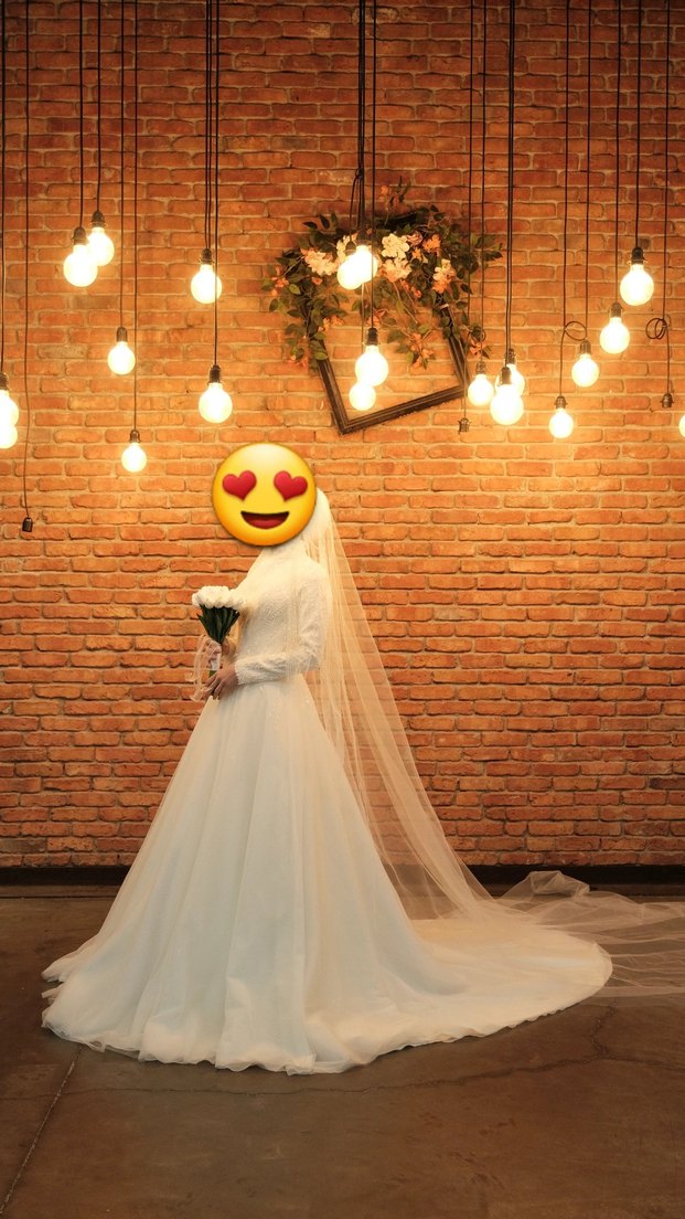 Uzun Kollu Yüksek Yakalı Beyaz  A kesim Gelinlik - Görsel 2