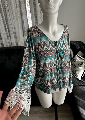 xl Beden çeşitli Renk Bohem Çok Renkli V Yaka Fermuarlı Bluz