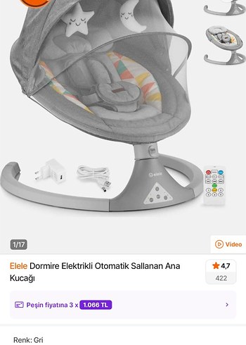 Beden Elele Dormire Elektrikli Otomatik Sallanan Ana Kucağı Gri
