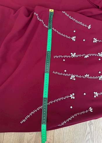 40 Beden bordo Renk Bordo Uzun Kollu İşlemeli Abiye Elbise