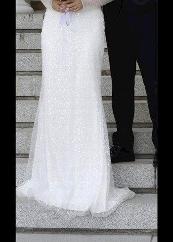 Uzun Kollu Straplez Beyaz Düğün Elbisesi - Görsel 2