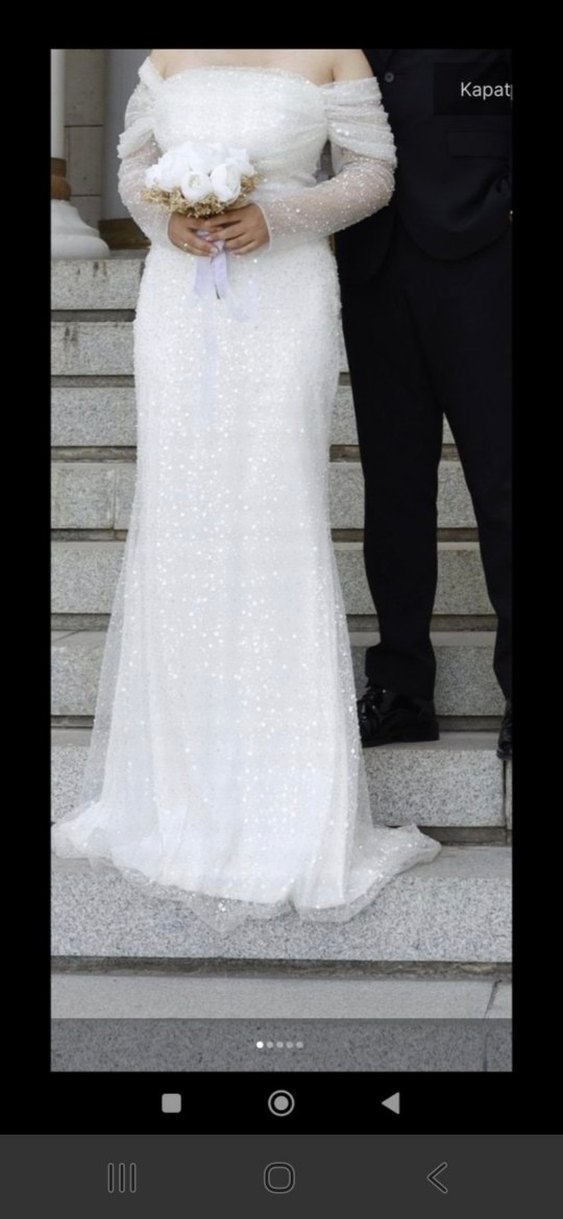 Uzun Kollu Straplez Beyaz Düğün Elbisesi - Görsel 2