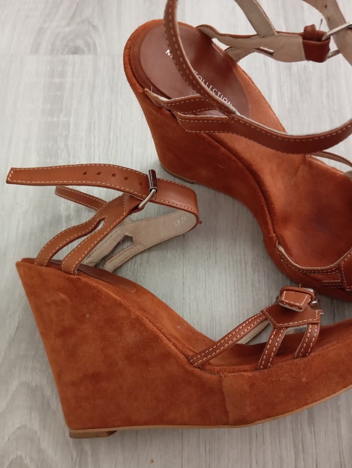 Kahverengi Deri Kadın Dolgu Topuklu Sandalet - Görsel 3