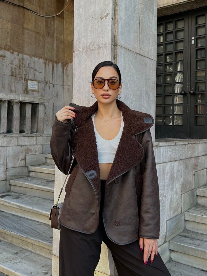 Kahverengi Tüylü mont - Görsel 5