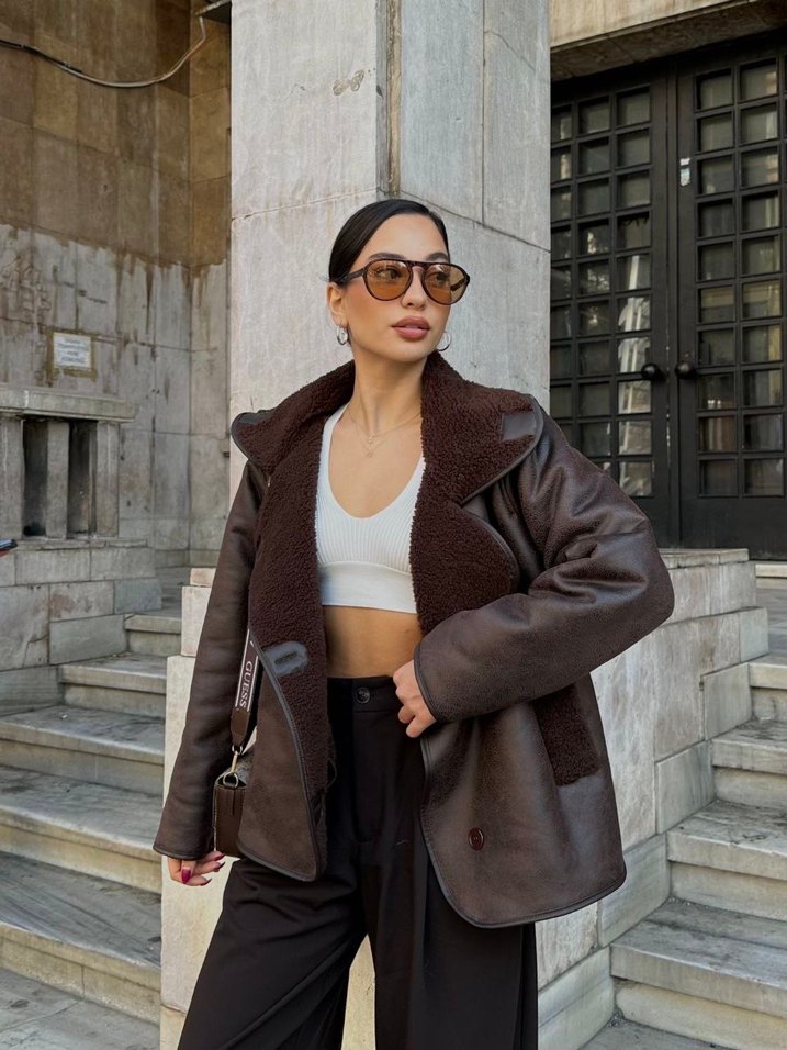 Kahverengi Kürklü Deri Kadın Ceket - Görsel 3