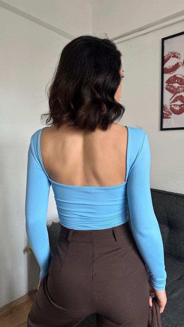 Mavi Uzun Kollu Dar Kesim çıt çıtlı bluz - Görsel 3