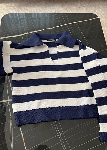 s Beden Çizgili Polo Yaka Triko Kadın Kazak