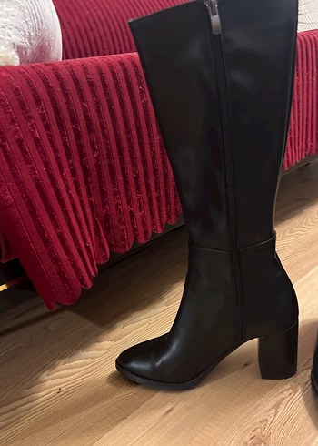 BSB Siyah Deri Diz Boyu Stiletto Çizme