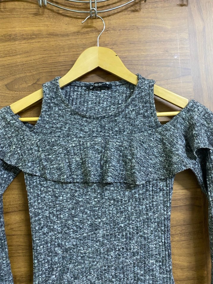 Gri Örme Uzun Kollu Kadın Triko Elbise - Görsel 2