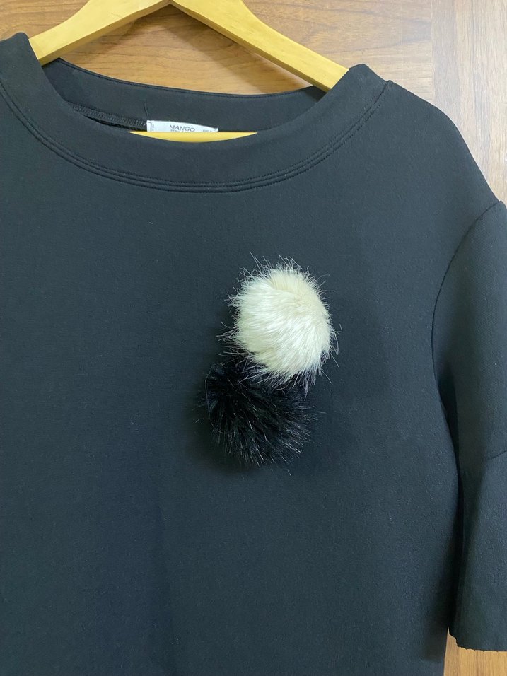 Kısa Kollu Siyah Kürklü Midi Elbise - Görsel 2