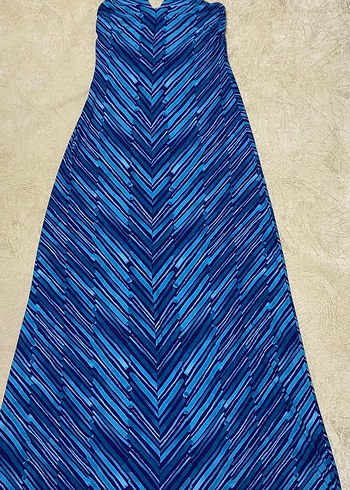 Mavi Bağlama Desenli Uzun Bohem Elbise - Görsel 3