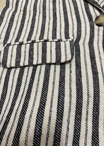 Gri Çizgili Kadın Keten Blazer Ceket - Görsel 2